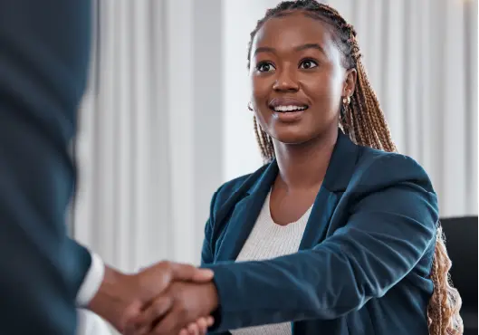 Business woman, handshake and agreement for partnership